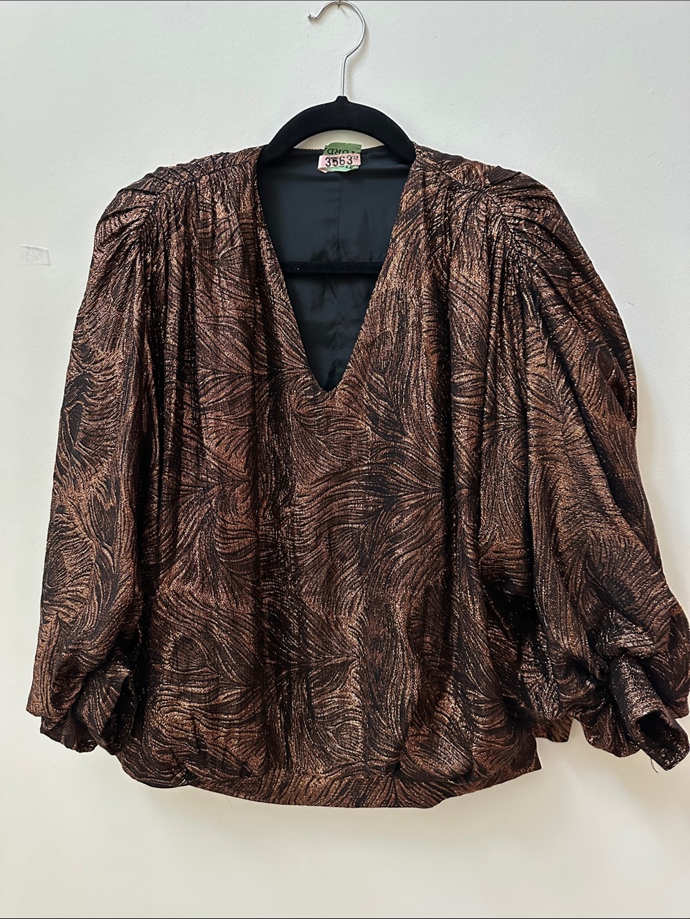 Silk Vintage 80s Metallic Bronze V-Neck Puff Sleeve Blouse